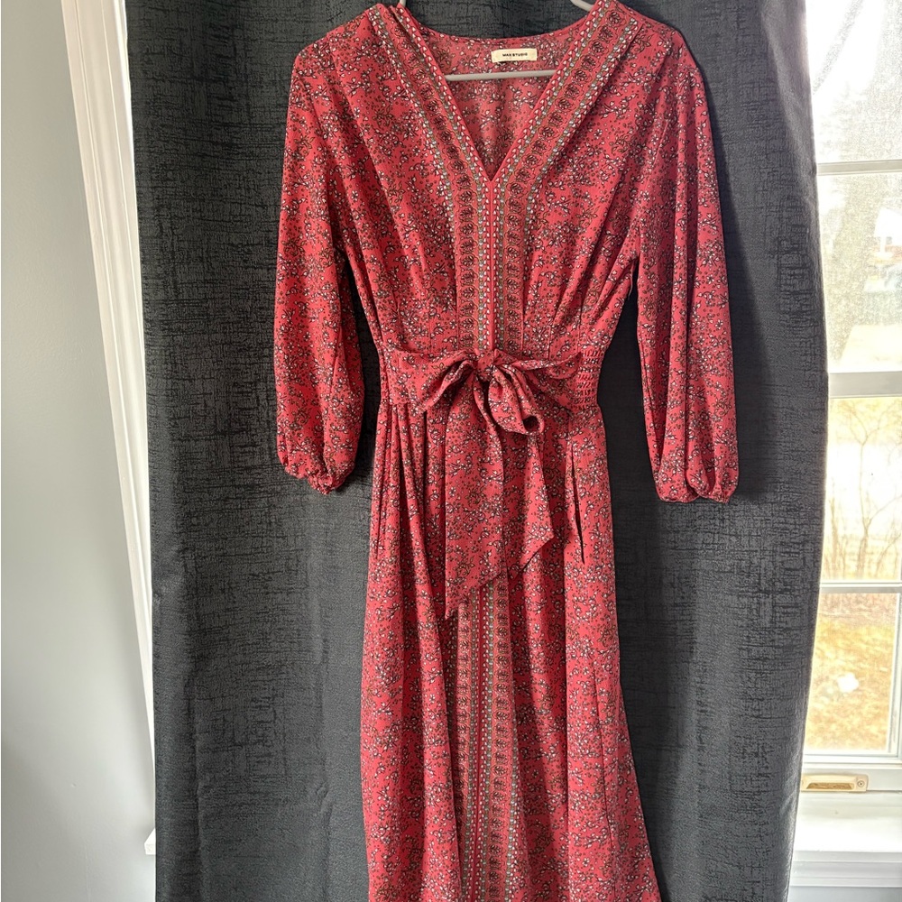 Max Studio Red Floral Tie-Waist Maxi Dress